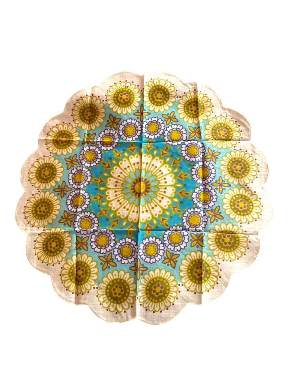 Vintage Floral Round handkerchief in Turquoise, Yellow & White